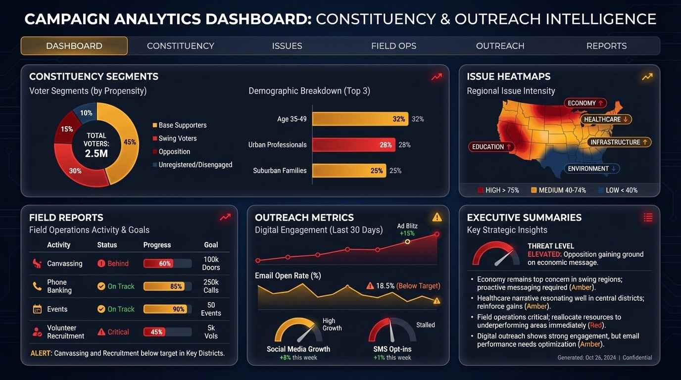 Campaign analytics dashboard with constituency segments, issue heatmaps, outreach metrics, field reports, and executive summaries.