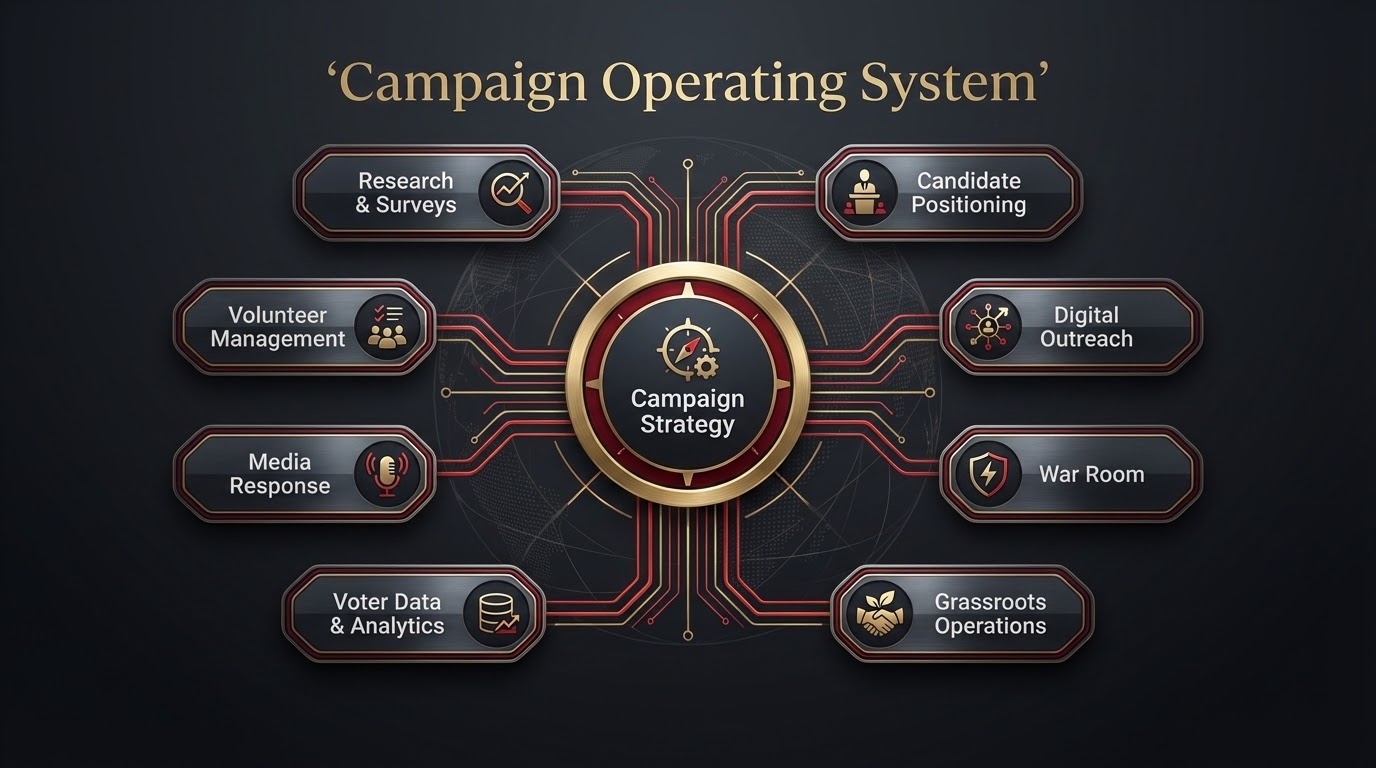 Alternate campaign operating system diagram linking election management, campaign management, research, analytics, digital outreach, war room, grassroots operations, and volunteer management.