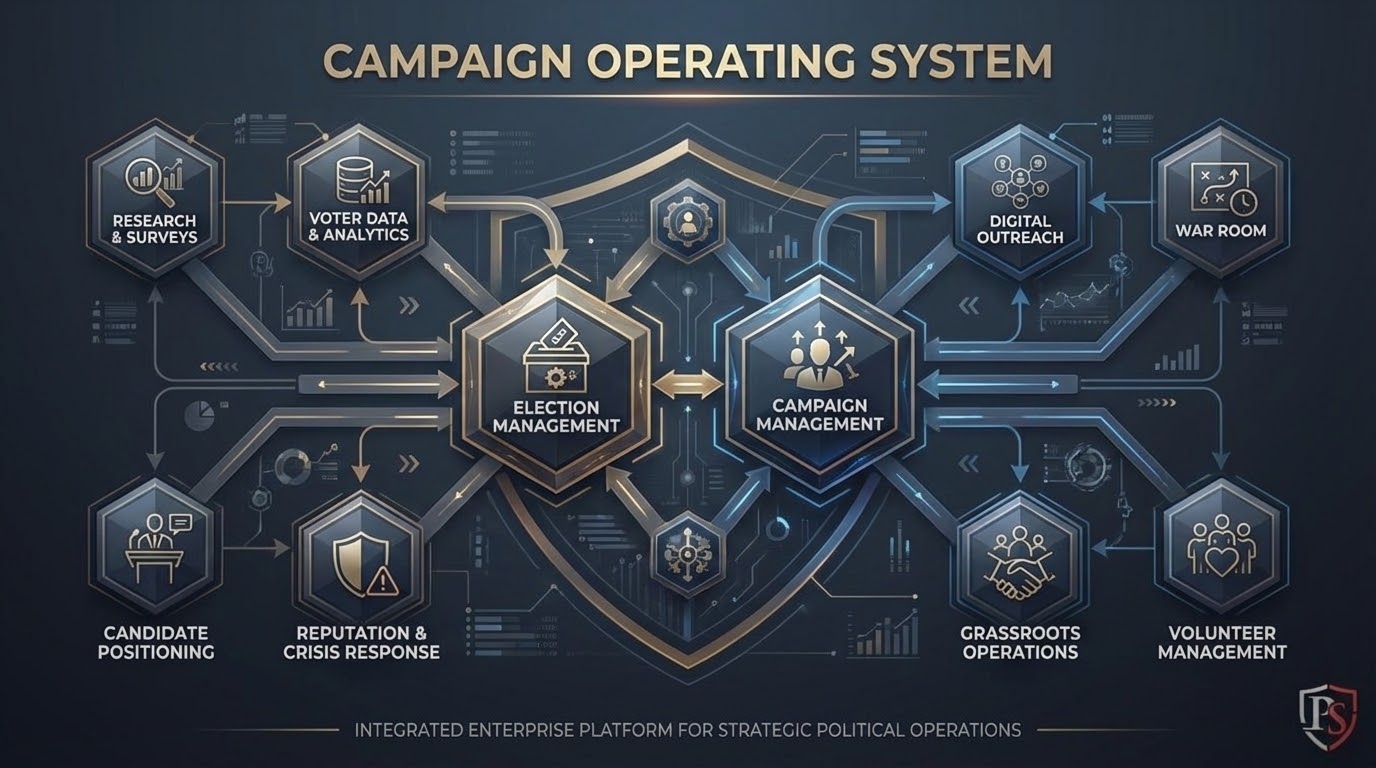 Campaign operating system diagram connecting election management, campaign management, digital outreach, research, war room, grassroots operations, and voter analytics.
