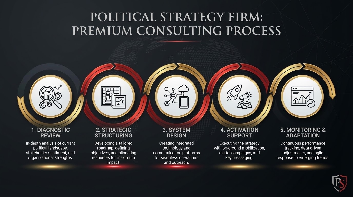 Five-step consulting process covering diagnostic review, strategic structuring, system design, activation support, and monitoring.