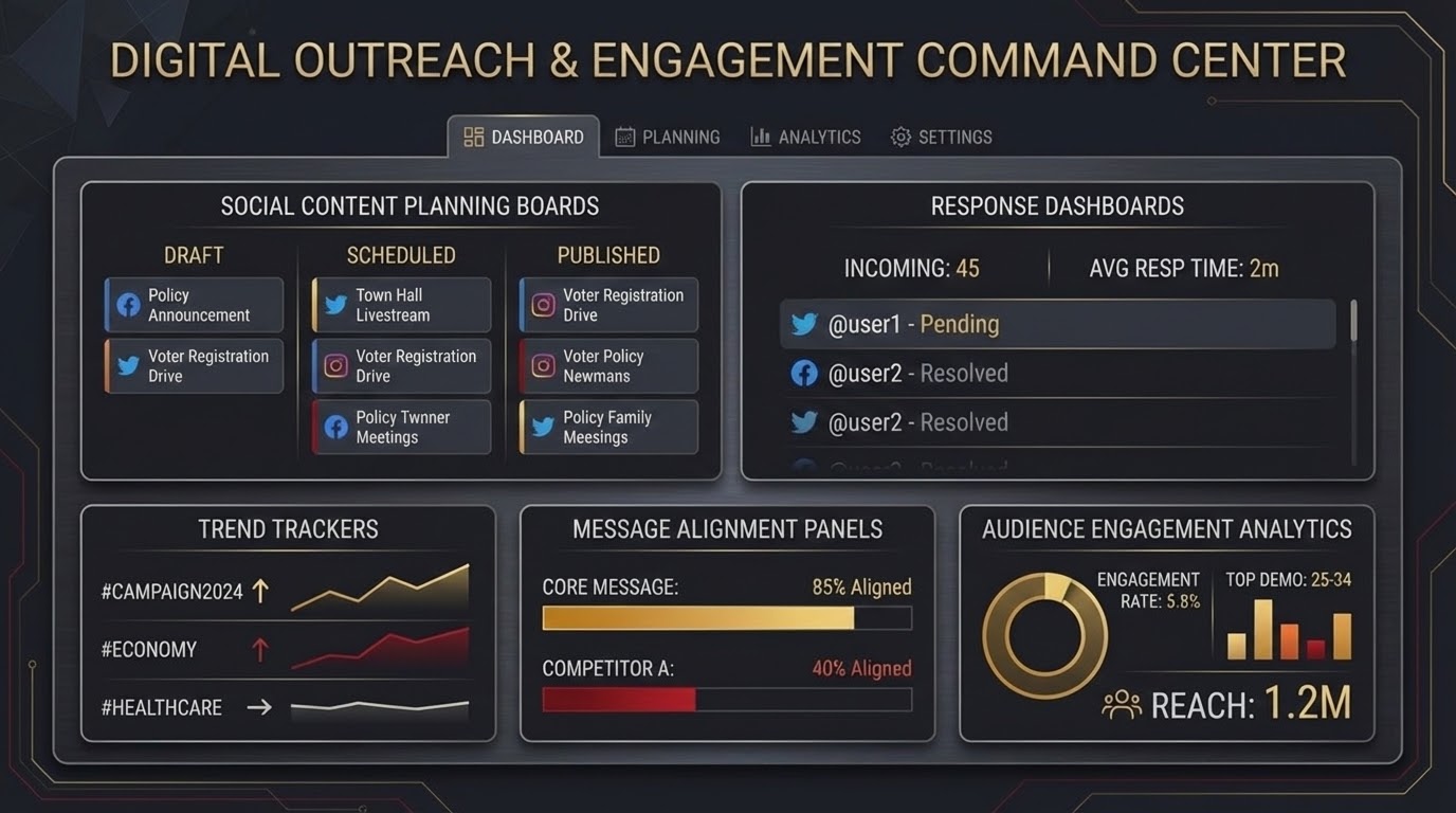 Digital outreach dashboard with content planning boards, response panels, trend tracking, and audience engagement analytics.
