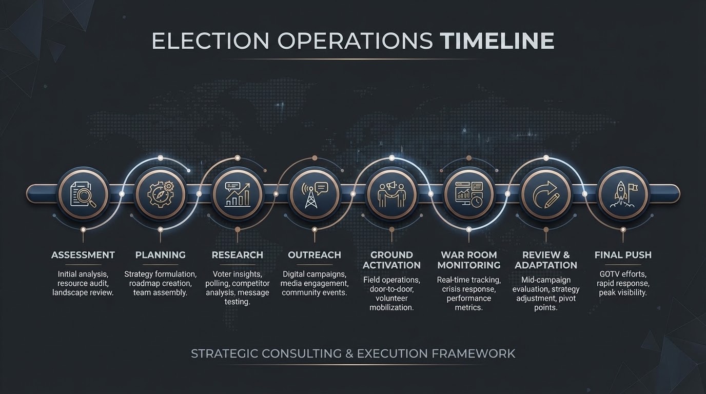 Election operations timeline covering assessment, planning, research, outreach, ground activation, war-room monitoring, review, and final push.