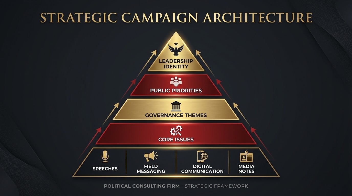Strategic campaign architecture pyramid showing leadership identity, public priorities, governance themes, core issues, and communication layers.