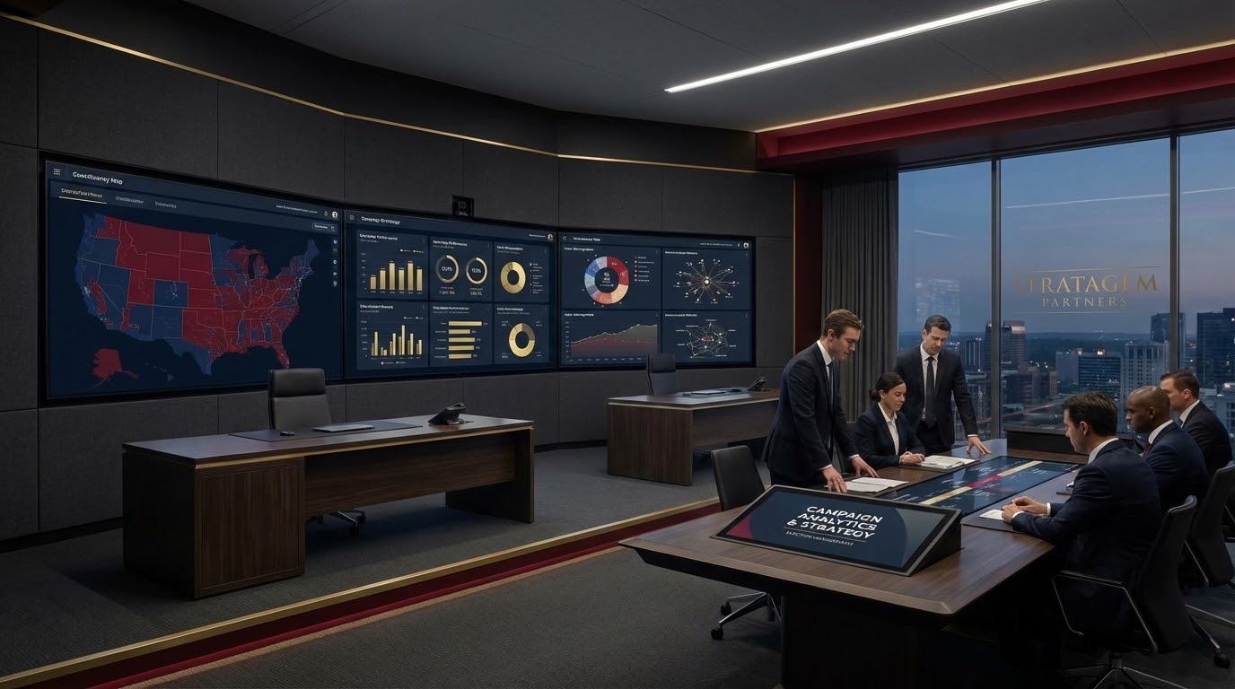 Campaign leadership review room with map screens, analytics dashboards, and strategy tables.