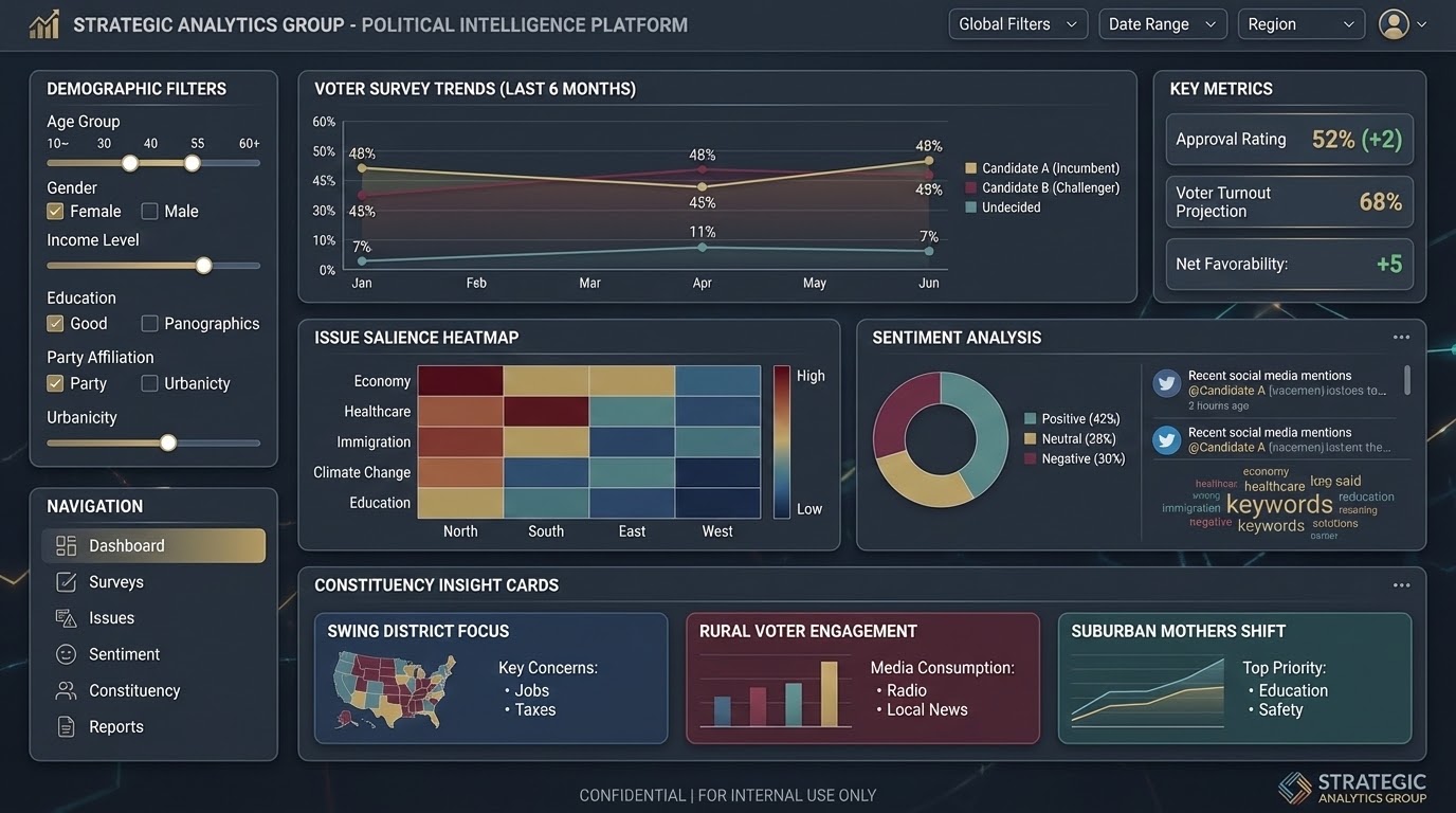 Strategic analytics platform with demographic filters, survey trends, issue heatmaps, sentiment analysis, and constituency insight cards.
