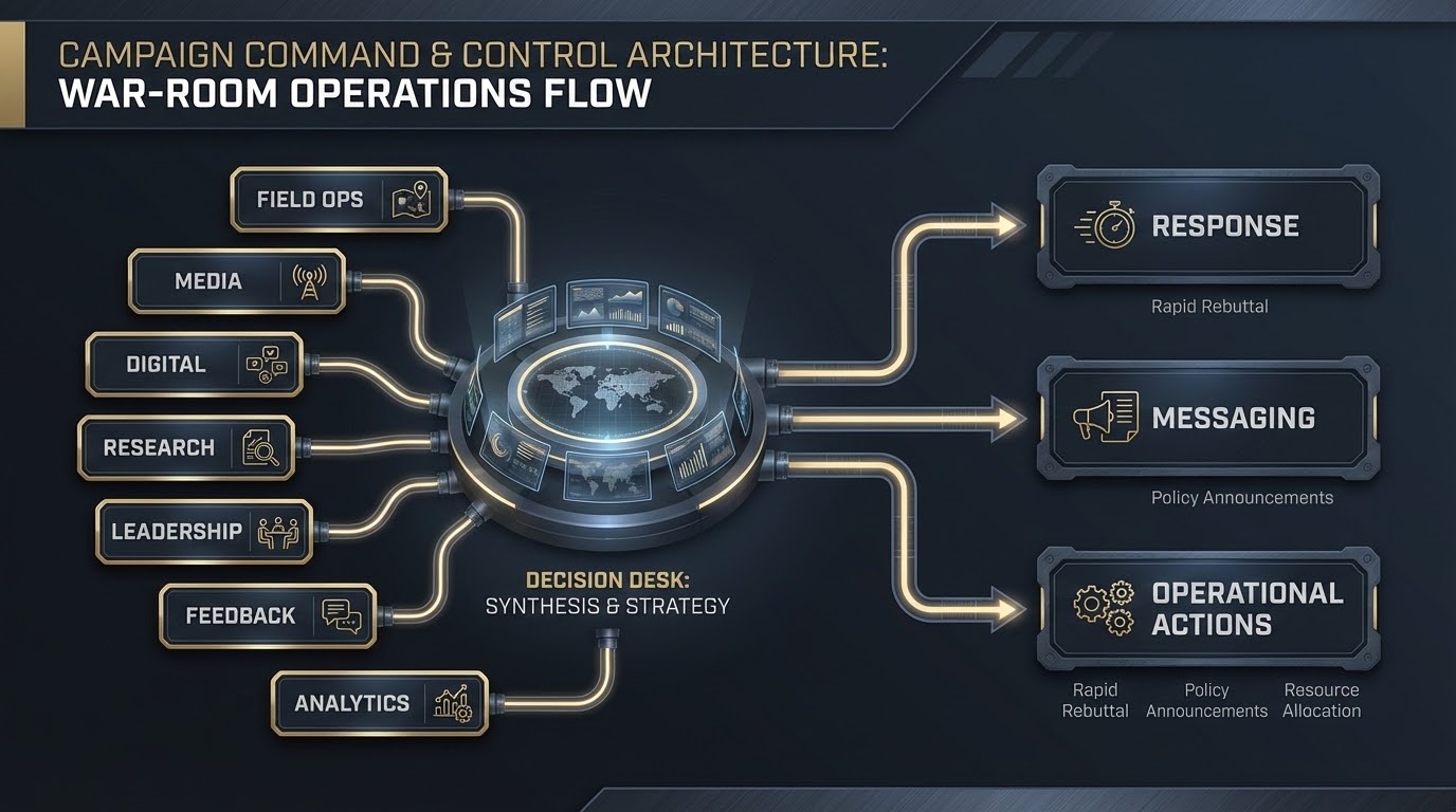 War-room operations flow diagram showing field ops, media, digital, research, leadership, feedback, and analytics feeding a decision desk.